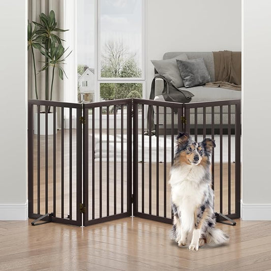 Dog Gates for Doorways, Tall Dog Gate Indoor, Foldable Pet Gates for Doorways Bedroom, Freestanding Puppy Gate with Metal Support Feet, Room Divider, 4 Panels (Brown)