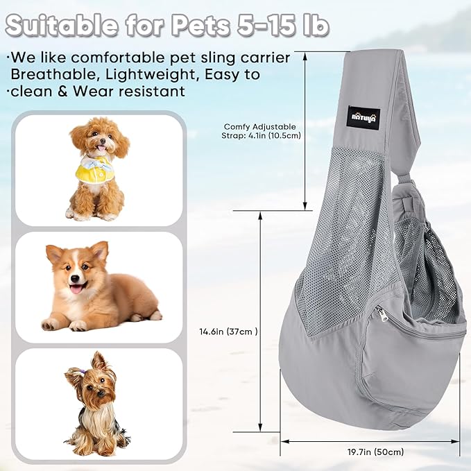 NATUYA Small Dog Sling Carrier - Lightweight & Cozy Breathable Mesh Pet Purse for Puppy Under 15 lbs - Zipper Pocket, Adjustable Strap for Hands-Free Travel Hiking Doggy Bag