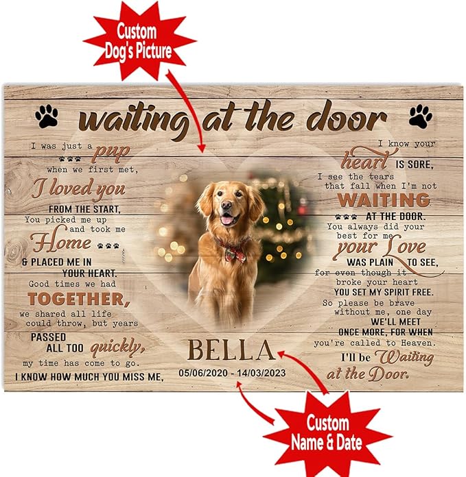 P80716 Personalized Memorial Poster Gifts, Waiting At The Door, Dog Memorial Frames with Pictures, Gift For Dog Lover, Name Bereavement Sympathy