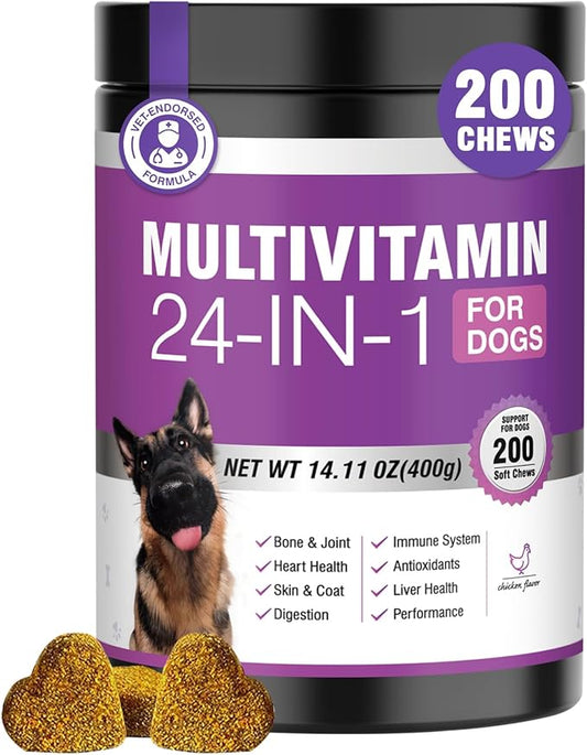 24-in-1 Dog Vitamins and Supplements 200 Ct Dogs Multivitamin Chewable Contain Chondroitin Probiotics Omega-3 Glucosamine for Dogs Skin Coat Heart Joint Gut Liver Brain Eyes Immune Support - Chicken