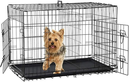 Folding Dog Crate 36" Metal Portable Outdoor Double Door Wire Large Cat Pet Dog Cage Kennel with ABS Tray LC & Divider, Black