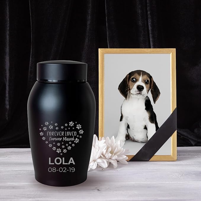 Personalized Cremation Keepsake Pet Ashes Urn Waterproof with Airtight Closure Customized Text Engraving Vase Container Memorial Dog Cat Funeral Decorative (Forever Loved, Forever Missed)