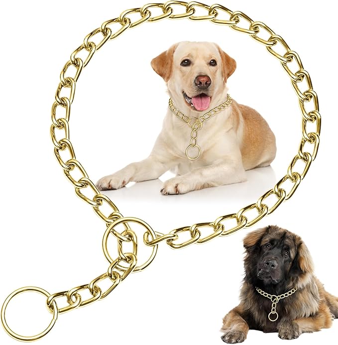 Dog Choke Collar Slip P Chain, Metal Slip Link Training Heavy Duty Dog Choker Collar Martingale Puppy Collars for XS Small Medium Large Big XL Breed Dogs (Gold, M(Neck Max 18inch) D3.0mm)
