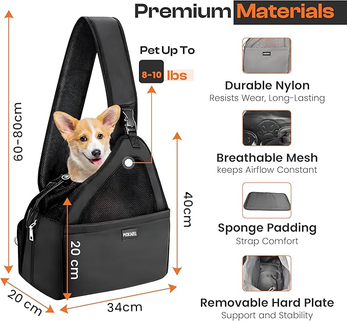 Small Dog Sling Carrier Bag, Hands-Free Dog Carrier Sling with Safety Buckle, Breathable Mesh, Adjustable Strap, Padded Back, Storage Pockets, Pet Carrier for Dogs, Cats, Puppies up to 8–10 lbs