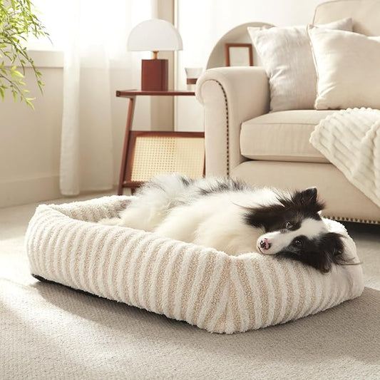 MIXJOY Dog Bed Medium Size Dog, Washable Medium Dogs Bed with Removable Cover, Soft Rectangle Pet Ded Fluffy Plush Faux Fur Pet Bed with Anti-Slip Bottom, 30"x30"x8", White