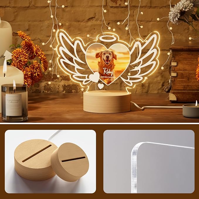 Bemaystar Dog Memorial Gifts for Loss of Dog Pet Memorial Gifts for Dogs Cat Memorial Gifts Custom Pet Memorial Night Light Pet Loss Gifts, Memorial Plaques for Dog Memorial Picture Frame - Wings