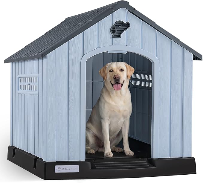 LEMBERI Plastic Dog House for Medium Dogs, Durable Waterproof Indoor Outdoor Doghouse with Air Vents and Elevated Floor, Easy to Assemble (Gray, 33.5" L x 31.5" W x 33.9" H)