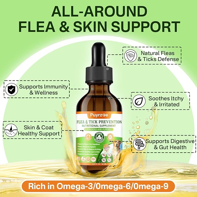 Dog Flea Treatment Drops, Natural Oral Flea and Tick Prevention for Dogs with Pumpkin Seed, Echinacea, Omega-3/6/9- Support Immunity, Healthy Skin & Coat, Digestion & Overall Wellness