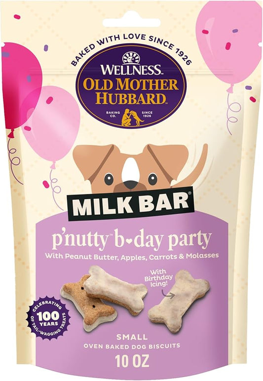 Wellness Old Mother Hubbard Milk Bar P'Nutty B-Day Party Dog Biscuits, Natural Treats, Peanut Butter Flavor with Birthday Icing, 10 oz Bag