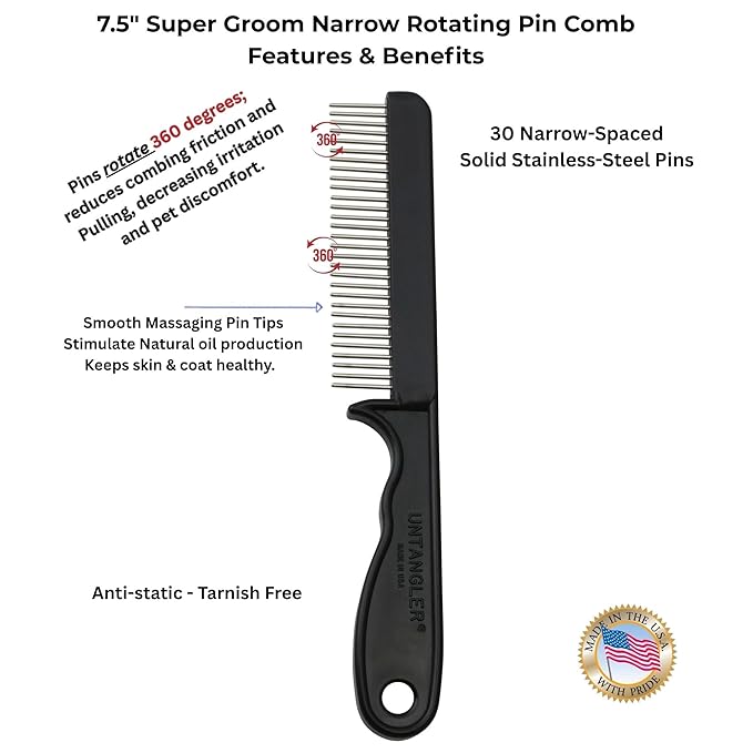 Super-Groom Combs with Smooth Rotating Teeth for Painless Mat Removal (JetBlack, 30 Narrow-Spaced Teeth)