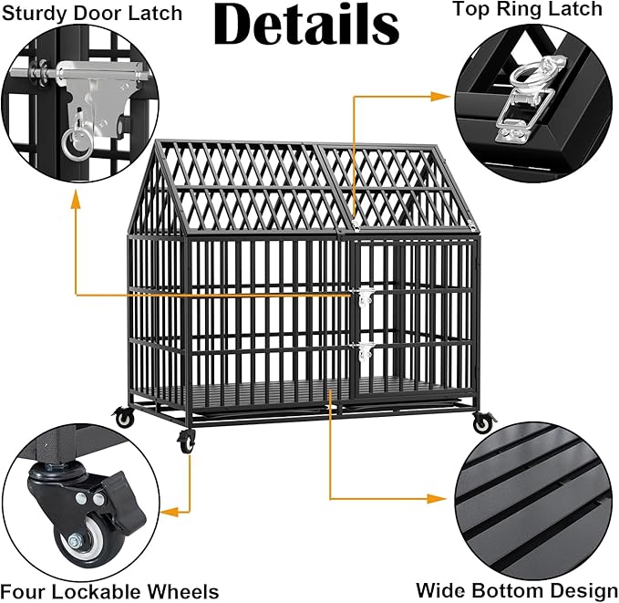 50 inch Indestructible Heavy Duty Dog Crate with 2 Bowls, Escape-Proof Indoor Impact Dog Cage for Large Giant Dogs, High Anxiety Pet Kennel with 2 Trays, 4 Wheels, 4 Locks and Double Door, XL XXL