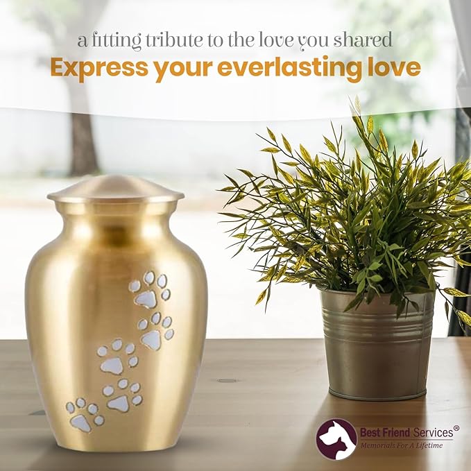 Ottillie Paws Legacy Series Pet Urn for Dogs, Handmade Brass Memorial Cremation Urn (Large - Pets up to 115 lbs, Brass, Vertical Pewter Paws)