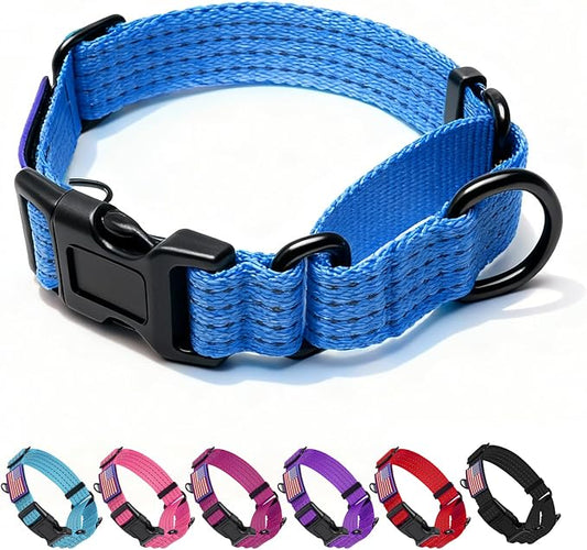 Martingale Dog Collar, Reflective No Pull Training Collar with Quick Release Buckle & USA Flag, Heavy-Duty Nylon, Adjustable for Small Medium Large Dogs (M,Blue with Flag