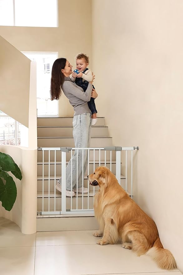 29"-57" Baby and Pet Safety Gate, 30" Tall Metal Walk-Thru Gate for Doorways & Stairs, Easy One-Hand Open, Dual Lock, Extensions & Wall Mounts Included (White, 29"-46" W x 30.5“H)