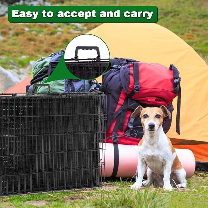 HGS 42-Inch Dog Crate Dog Cage Metal Wire Dog Kennel Large Dog Cage Folding Puppy Crate Outdoor Indoor Animal Pet Cage with Handle and Plastic Tray, 2 Doors (with Safety Lock), Black