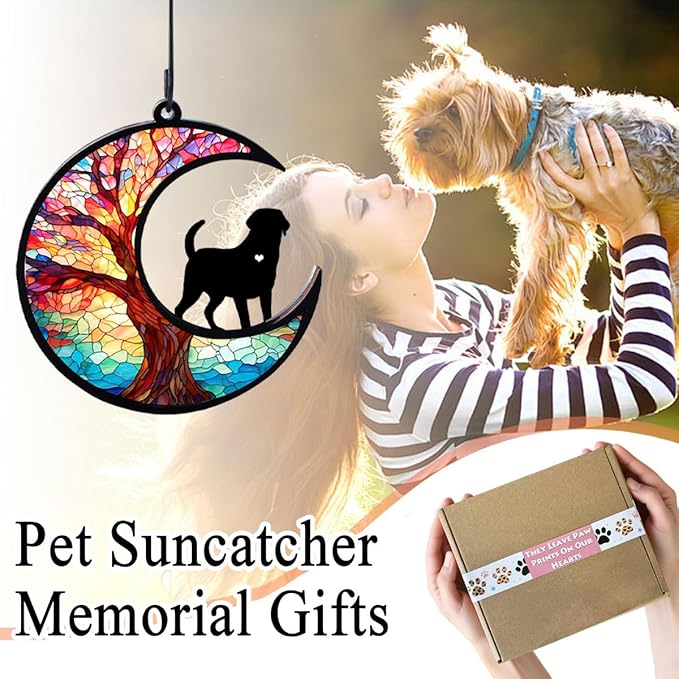 Dog Angel Memorial Suncatcher with Rainbow Bridge Poem Card, Pet Sympathy Gifts for Loss of Dogs and Cats, Life Tree and Dog