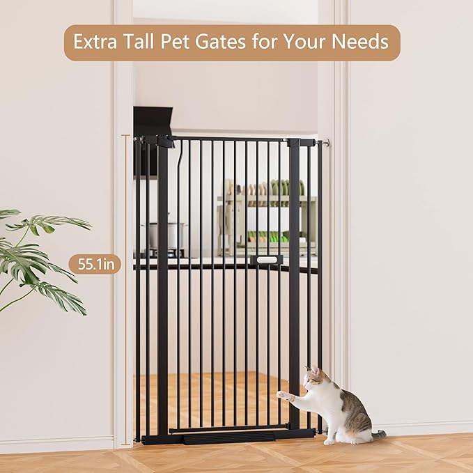 Extra Tall Cat Gate 55.1" for Doorways, 30.1-33.8" Wide High Pressure Mounted Baby Dog Pet Gate for Stairs, 1.37" Gap No Drilling Auto Close for Hallways/Kitchen, Black