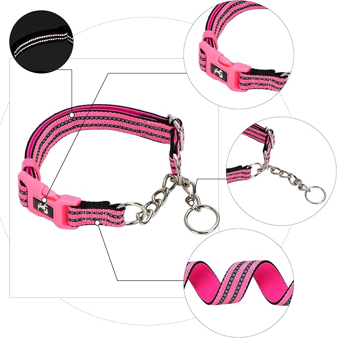 MAOWUWUJOA Martingale Collar for Dogs Reflective Nylon Dog Collar with Quick Release Buckle Adjustable Training No Slip Dog Collars (Pink,Medium)