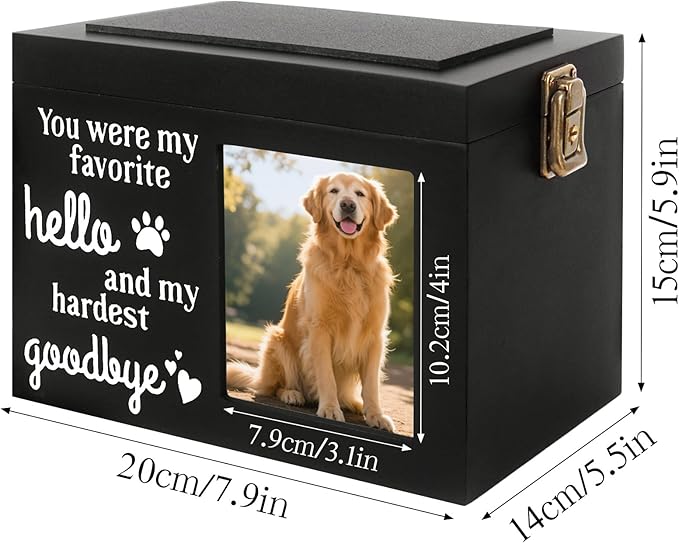 Memorial Pet Urn for Dog Ashes, Wooden Pet Keepsake Box with Photo Frame, Flannel Bag & Keychain, Sympathy Gift for Pet Loss (Medium 7.9x5.9x5.5in)