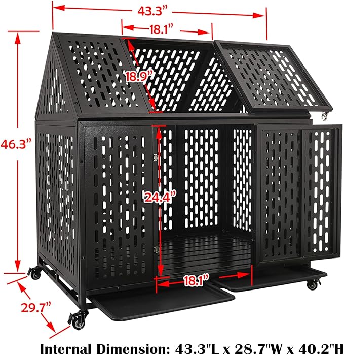 44 Inch Heavy Duty Indestructible Dog Crate with Wheels, Steel Escape-Proof Indoor Double Door High Anxiety Cage, Durable Chew-Proof Kennel with Removable Tray for Large Medium Dogs