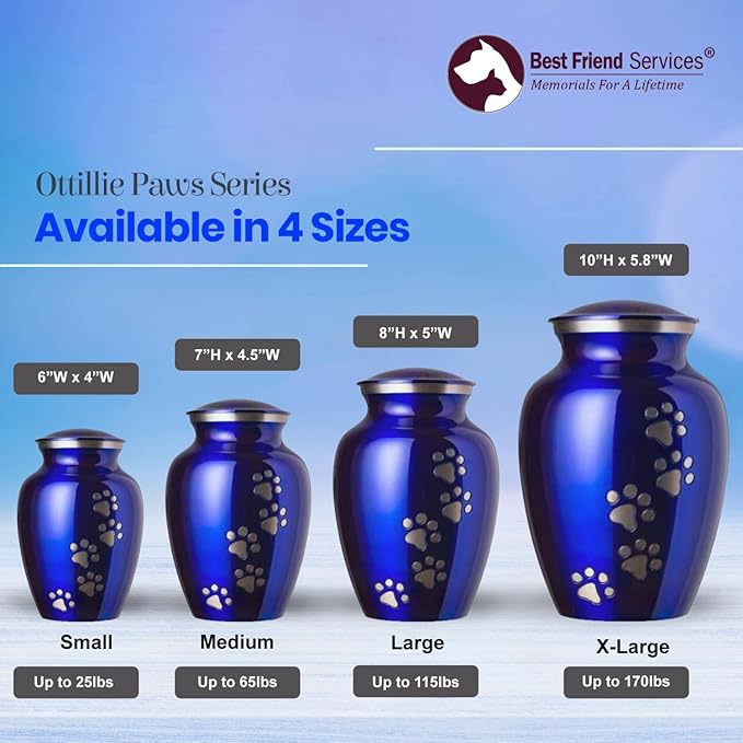 Ottillie Paws Legacy Series Pet Urn for Dogs and Cats, Handmade Aluminum Memorial Cremation Urn (Small - Pets up to 25 lbs, Pure Blue, Vertical Pewter Paws)