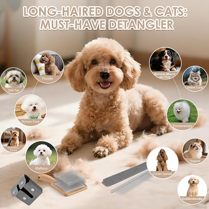 Large Slicker Brush for Dogs,Doodle Brush for Poodles, Goldendoodles, Labradoodle, Extra Long Pins for Detangling Matted Fur & Removing Tangle, Dog Grooming Kit with Wooden Handle. Natural