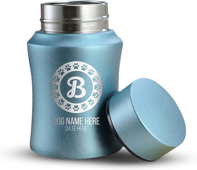 Customized Small Keepsake Urn Personalized Engraved with Pet Name, Date, and Dog Design - 4" Powder Coated Cremation Mini Compact Urn for Dogs Ashes | 5–10 Lbs Capacity | Powder Blue, Paw Stamp