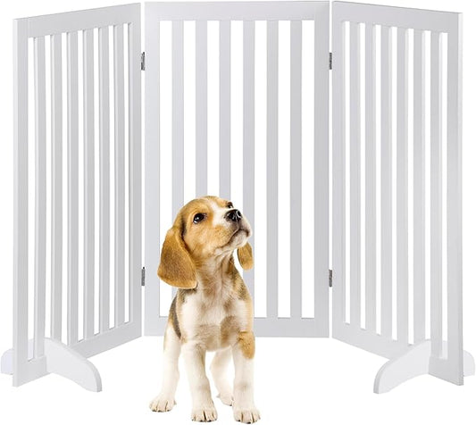 Dog Gate 60 x 36 Inch Freestanding Indoor Pet Door for House Doorways Stairs Halls, Foldable Wood Safety Fence 3 Panels, White
