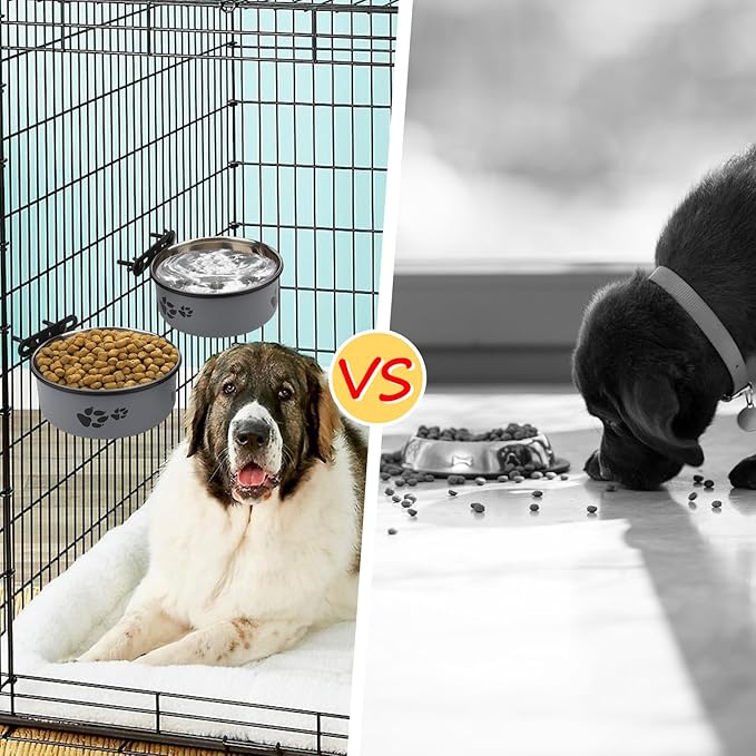 Stainless Steel Dog Crate Bowls Hanging No Spill 2 PCS - Adjustable Mountable Kennel Bowls for Medium/Large Dogs, Anti Spill Water & Food Bowl Set (Gray, M(5.5"+6.3"))