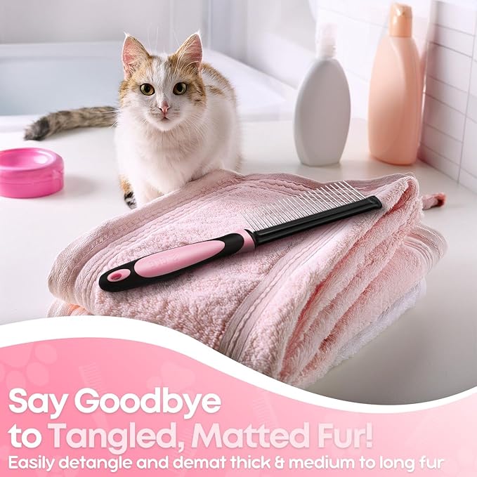 Flexzion Metal Pet Comb for Cats & Dogs - Sturdy Stainless Steel Rounded Teeth with Non-Slip Soft Grip Handle Easy to Use Grooming Detangling Cat Combs for Indoor Cats, Pink