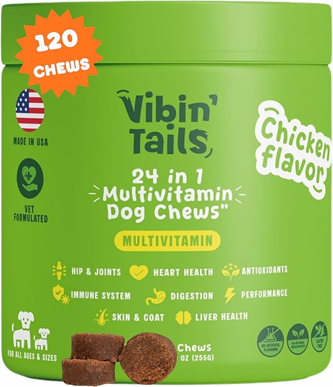 Vibin’ Tails 24-in-1 Dog Multivitamin, Glucosamine Chondroitin Hip & Joint Support, Probiotics & Omega-3, Skin & Coat - Puppy & Senior Chewable Dog Vitamins & Supplements Vet Formulated- 120ct Chicken