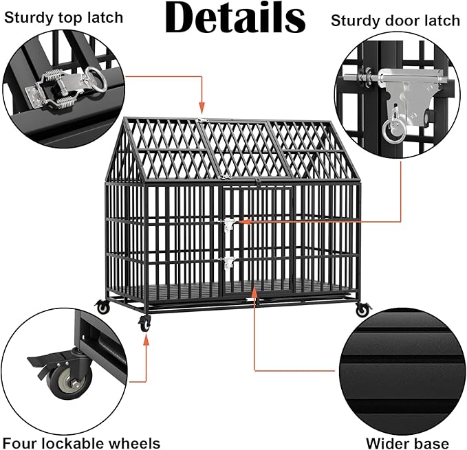 54'' Indestructible Heavy Duty Dog Crate with 2 Bowls, Extra Large Pet Cage Escape Proof Strong Steel Impact for High Anxiety Dogs, Sound Proof Chewproof Kennel 2 Doors with Wheels and Trays, XXL