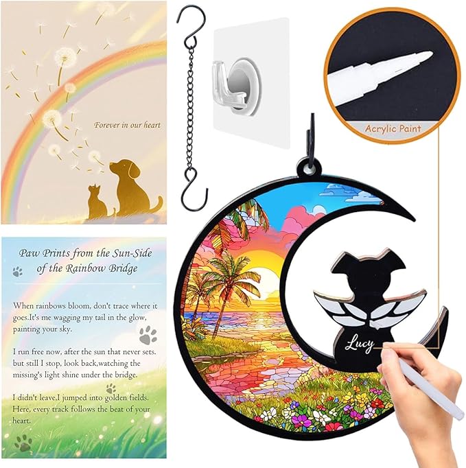 Dog Angel Memorial Suncatcher with Rainbow Bridge Poem Card, Pet Sympathy Gifts for Loss of Dog, Seaside Sunset