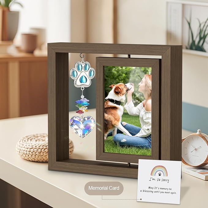 Dog Memorial Gifts for Loss of Dogs, Dog Memorial Picture Frame, 4x6 Photo Rotating Wooden Frame, Loss of Dogs Sympathy Gift with Paw & Heart Pendant