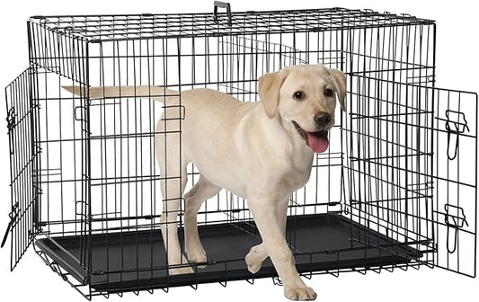 Dog Crate for Large Medium Small Dogs, Folding Dog Kennel Cage with Plastic Tray & Divider 48"/42"/ 36"/ 30"/ 24" Indoor Outdoor Metal Double Door Heavy Duty Dog Pen Enclosure, Black(36 Inch)