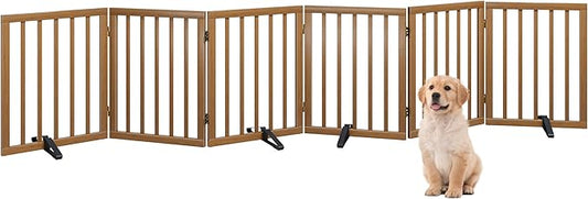 Dog Gates for Doorways, Foldable Dog Gate Indoor, Freestanding Pet Gates for Doorways Bedroom, Puppy Gate with Metal Support Feet, Room Divider 6 Panels (Walnut)