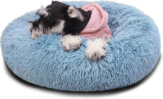 Calming Donut Dogs Beds for Small Dogs Washable,19inch Fluffy Round Puppy Bed for Puppies,Cats & Toy Breeds with Raised Rim,Fits up to 15 lbs Pets,Washed Blue