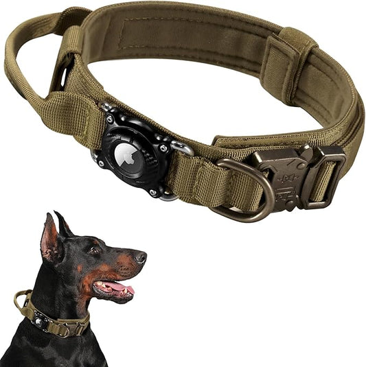 Personalized Tactical Dog Collar with Waterproof airtag Holder & Name Phone Number, Heavy Duty Nylon Military Dog Collar with Strong Metal Buckle for Medium and Large Dogs(Khaki,M)