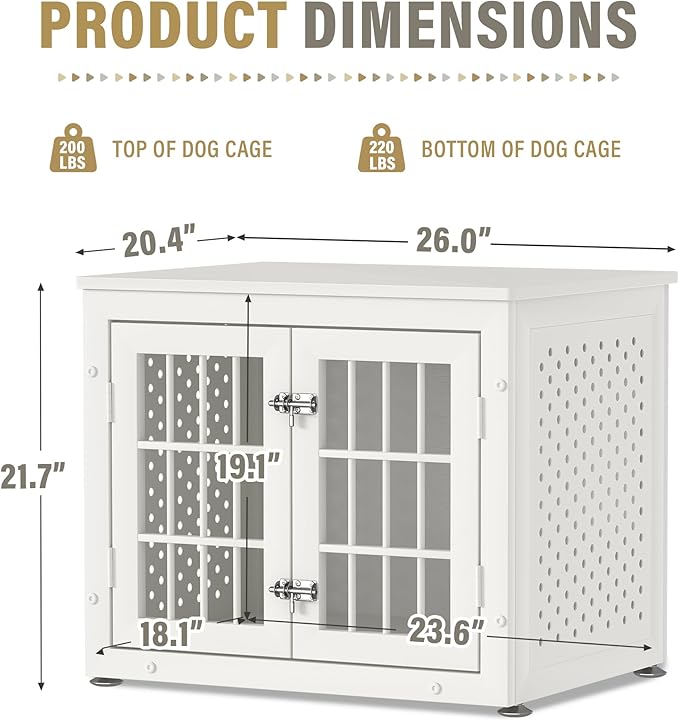 26" Heavy Duty Dog Crate Furniture for Small Dogs, Metal Kennel for High Anxiety Dogs, Chew Proof Pet Cage Indoor, Decorative Kennel End Table, White
