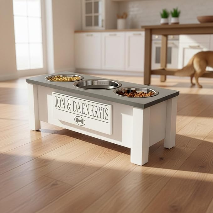 GTW Elevated 3 Bowl Dog Feeding Station - Customized Triple Stand for Medium Size Dog Breeds - Includes Storage & Stainless Steel Bowls (Medium, Grey)