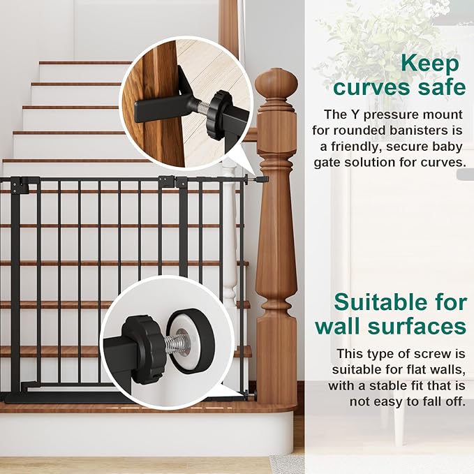 29.7-46" Baby Gate for Stairs with Banister Adapter Y-Spindle Rods, 30.5" Tall, Easy-Install Pressure Mounted Baby Gate for Doorways, Auto-Close Dog Gate Indoor for Child and Pets
