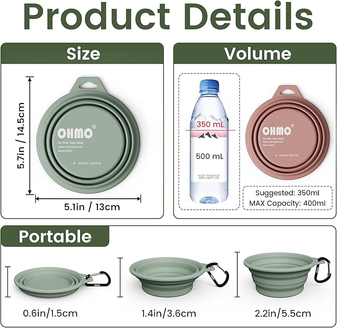 OHMO Collapsible Dog Water Bowls w/Built-in Stainless Steel Ring – 2pcs Small 12oz/400ml Portable Silicone Pet Feeding Bowl for Hiking, Camping, Travel