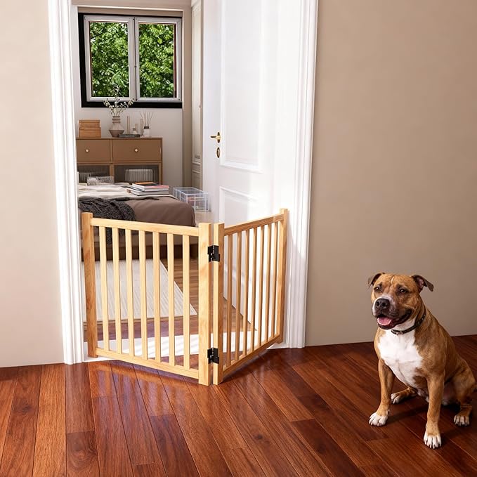 Wood Freestanding Dog Gates, Paint-Free Nature Wood Pet Gate Indoor, Puppy Gate for Doorways, Stairs, 23" Height-2 Panels
