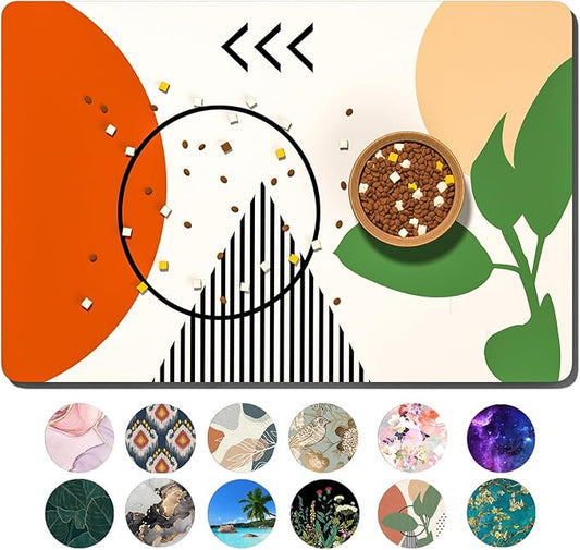 Dog Food Mat, 12" x 19" Absorbent Dog Cat Bowl Mat for Food and Water, Cute Anti-Slip Rubber Pet Feeding Rug Protect Floors, Placemat for Feeding & Watering Supplies, Modern Abstract Art