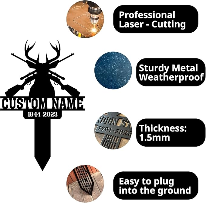 Grave Marker for Cemetery Personalized, Hunting in Heaven, Memorial Deer Hunting, Outdoor Plaque, Dad Cross, Dad Memorial Gifts, 8-24 in