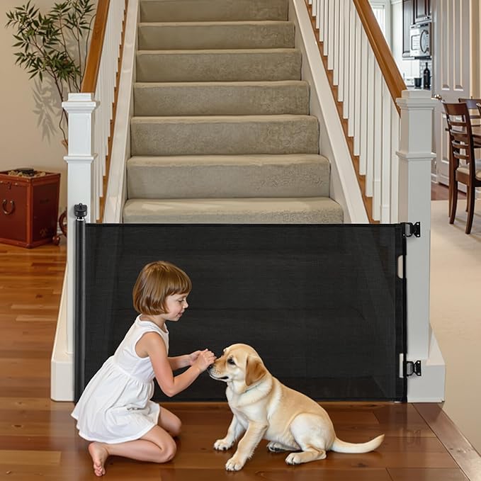 VEVOR Retractable Baby Gate, Extends to 72.8 inch Wide, 38.5 inch Tall, with Security Lock, Easy to Use, Walk Through Without Tripping, Mesh Dog Gate for Stairs, Hallways, Indoor/Outdoor, Black