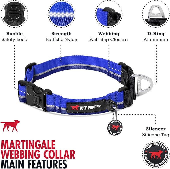 Tuff Pupper Martingale Collar for Dogs | Gentle Nylon Limited Cinch is Perfect for Training | Durable Locking Buckle | Reflective for Safer Night Walking | Sizing for All Breeds (Blue, X-Small)