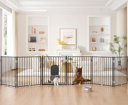 No Pawblems Dog Gate with Cat Door, Free Standing 30'' Tall Foldable Dog Fence for Indoor & Outdoor, Up to 156 Inch Extra Wide Puppy Gate for Stairs, Hallways, Doorways, Deck, Yard (Black, 6 Panels)