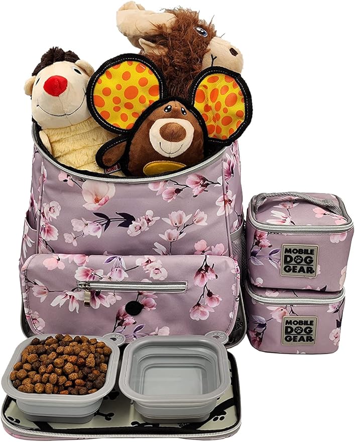 Mobile Dog Gear Week Away Dog Travel Bag Backpack (13"x7"x16", Floral) - Includes 2 Pet Food Storage Containers + 2 Collapsible Dog Water Bowls - Airline Approved Travel Accessories, Great for Trips