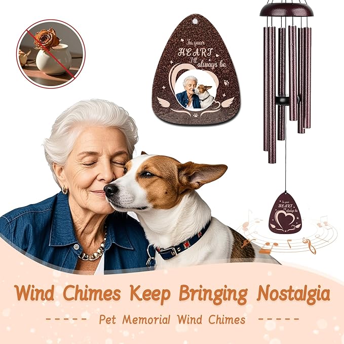 Pet Memorial Wind Chimes - Remembrance and Bereavement Gift for Loss of Dog/Cat with Metal Rose Card, 26" Thicker Aluminum Tubes(0.75") Weatherproof Outdoor Keepsake for Garden